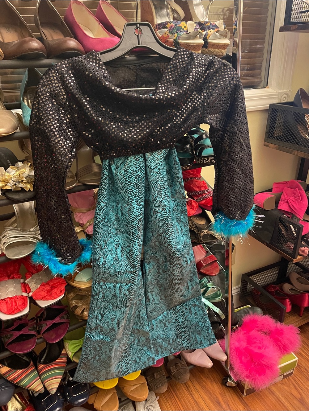 Sequin Crop Jacket with Teal Feather Trim girls medium